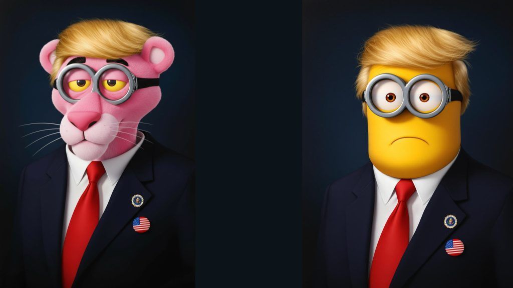 تصویر مقایسهای از شخصیتهای کارتونی پلنگ صورتی و مینیون که هر دو با موی بلوند و کت و شلوار به سبک دونالد ترامپ به تصویر کشیده شدهاند.
