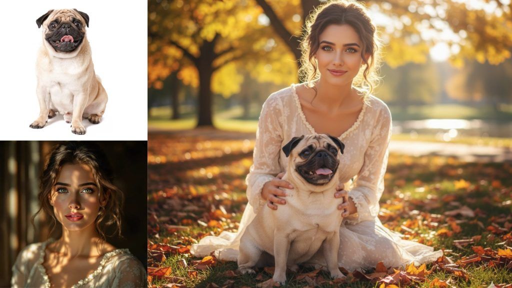 ترکیبی از سه تصویر: یک سگ پاگ، پرتره یک زن جوان، و تصویر اصلی یک زن جوان در لباس سفید نشسته در پارک پاییزی با سگ پاگش